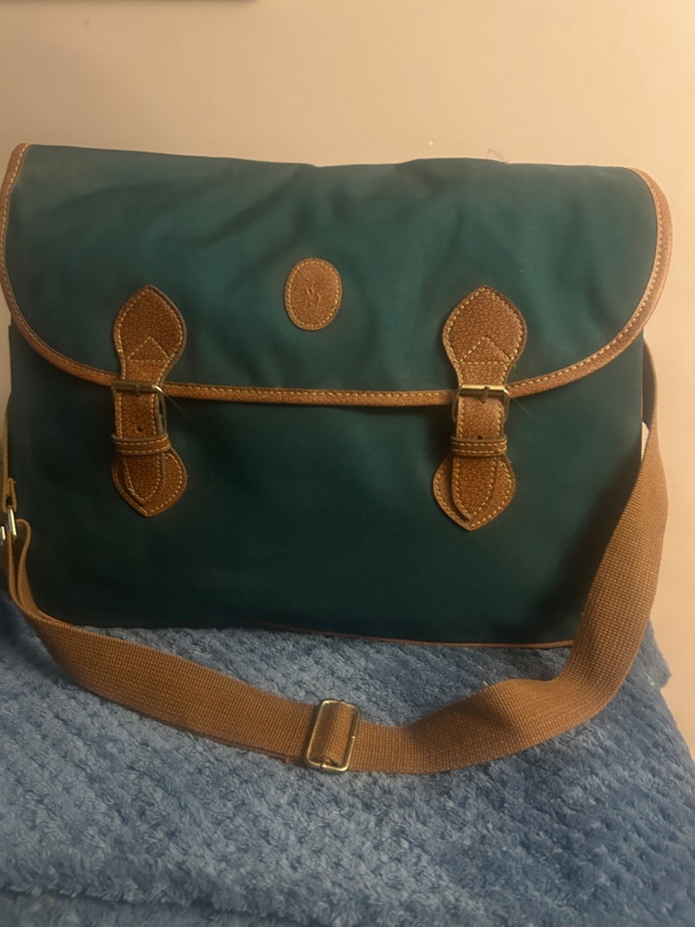 Ralph Lauren Teal Canvas Messenger Bag with Brown Trim